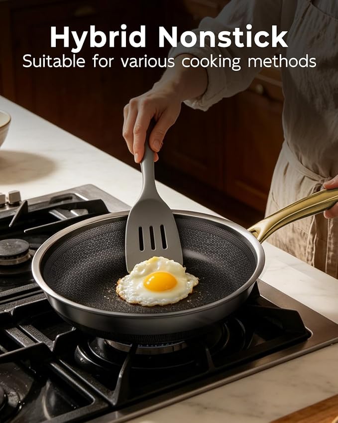 FogDream 10 Inch Stainless Steel Frying Pan with Lid, Honeycomb Hybrid Nonstick Skillet for Induction & All Cooktops, PFAS/PFOA/PTFE Free, Oven Safe to 500°F, Stay-Cool Handle, Dishwasher Safe, Gold