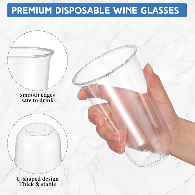 Ziliny 100 Pcs 18oz Plastic Stemless Wine Glasses Disposable, Clear | Plastic Wine Glasses for Parties Weddings Birthdays, Cocktail Drinking Cups, Round Bowl, Bulk Event Supplies