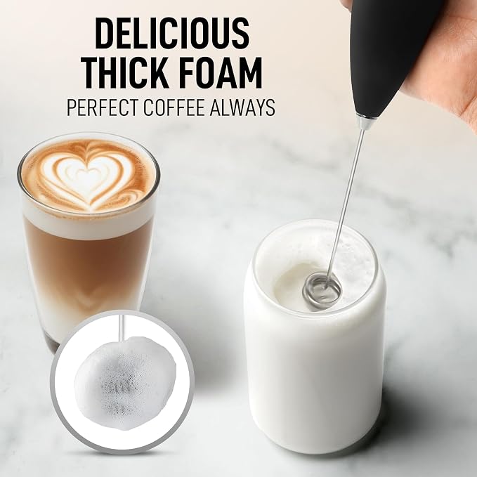 Zulay Kitchen Powerful Milk Frother Wand With Duracell Batteries - Ultra Fast Handheld Drink Mixer - Electric Whisk Foam Maker for Coffee, Lattes, Cappuccino & Matcha - Double Whisk - Royal Black