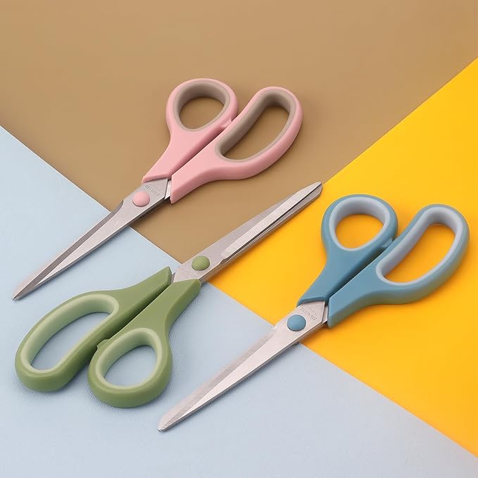 LONGKEY 8.5" Pastel Scissors 3-Pack, Ultra Sharp Stainless Steel | All Purpose Scissors for Office Home School, Soft Comfort-Grip Right/Left Hand