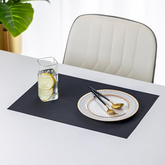 LEXMORE Placemats Set of 8 Vinyl/Plastic Woven Place Mats for Kitchen Table Indoor/Outdoor Washable Placemat Wipeable Dining Table Mats(Black)