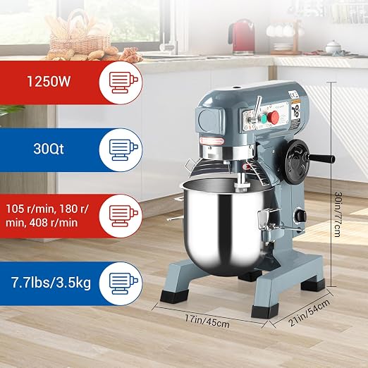 Commercial Food Mixer 30Qt, Heavy Duty Commercial Stand Mixer with 3 Speeds Adjustable, 1250W Electric Dough Mixer with Stainless Steel Bowl, Dough Mixer Timing Function for Bakeries Pizzerias
