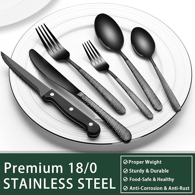 EWFEN 24-Piece Black Silverware Set with Steak Knives, Black Flatware Set for 4, Food-Grade Stainless Steel Tableware Cutlery Set, Mirror Finished Utensil Sets for Home Restaurant, Round Hammered