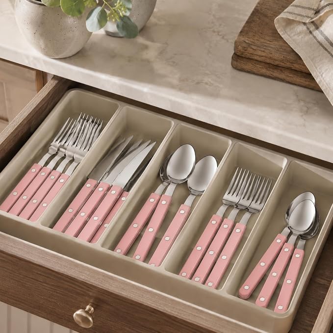 Khen Cutlery Set of 20 Pieces, 18/8 Stainless Steel Flatware, Modern Silverware for Home, Kitchen, Dining & Table Setting for 4, Dishwasher Safe, Lightweight & Ergonomic Design Gift - Pink