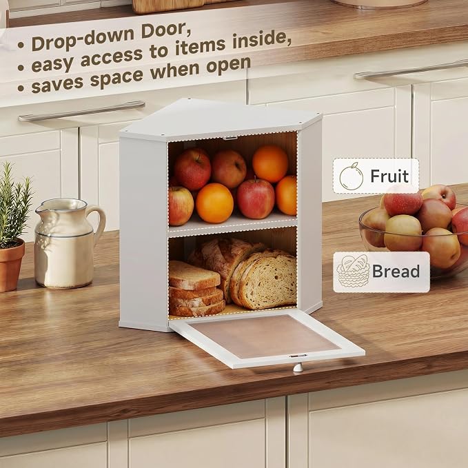 Bread Box for Kitchen Corner Countertop,Large Bread Basket (White, X-Large) | Double Layer Bamboo Bread Storage Container for Kitchen Countertop,Height Adjustable