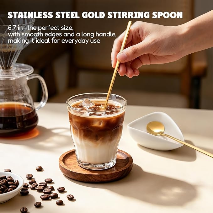 Coffee Bar Accessories: Espresso Accessories - Coffee Stirrers for Hot Cocoa Bar Supplies - Set of 4 Gold Decor Coffee Spoons with 1 Ceramic Spoon Rest - Ideal CoffeeLover Gifts