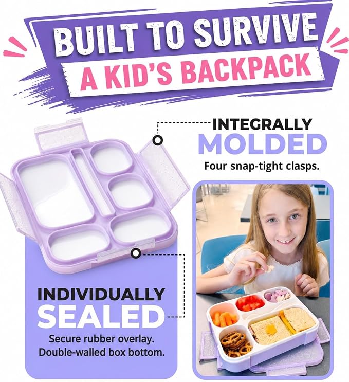 kinsho Glitter Lunch Box Bento-Boxes for Girls, Meal and Snack Containers for Toddler Daycare, School, Travel, 6 Divided Sections, Cute Bentobox, Leak-Resistant, Utensils, Purple Lilac Sparkle