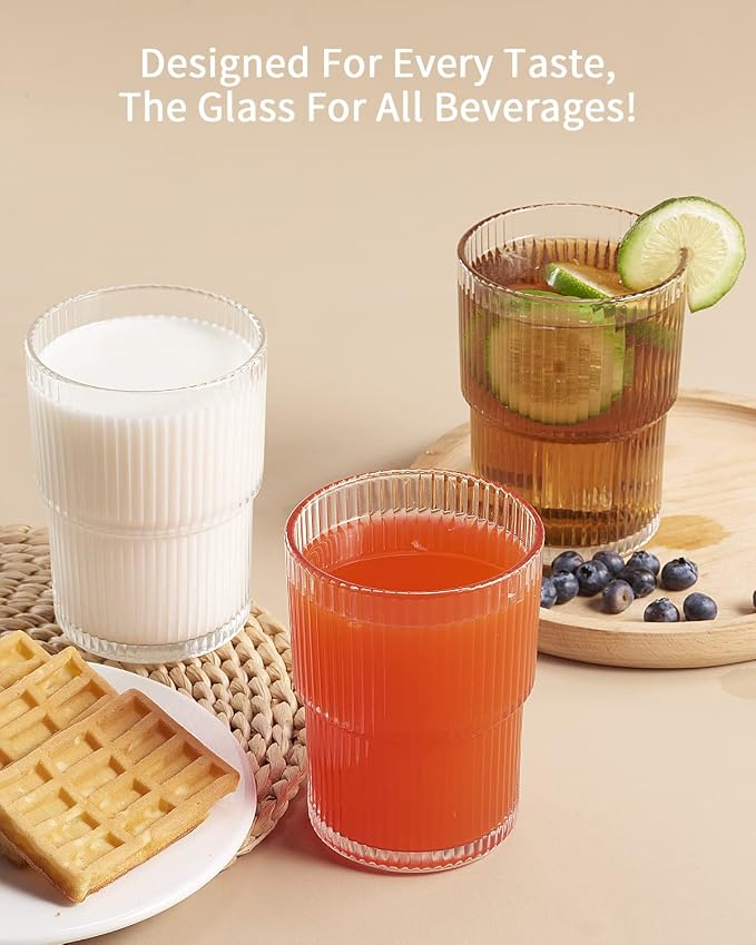 6PCS Ribbed Drinking Glasses,14Oz Stackable Glass Cup Set for Bar & Kitchen | Fluted Designed,Vintage Clear Water Glasses for Cocktail & Juice & Coffee,Versatile cup,gifts,party,wedding