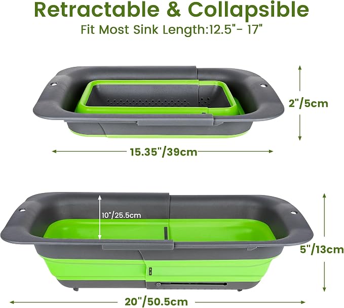 ROTTOGOON 7Qt Collapsible Colander Strainer, Expandable Over the Sink Colander, Adjustable Silicone Kitchen Sink Strainer, Foldable Large Colanders Basket to Wash Vegetable, Fruit, 15" to 19.8", Green