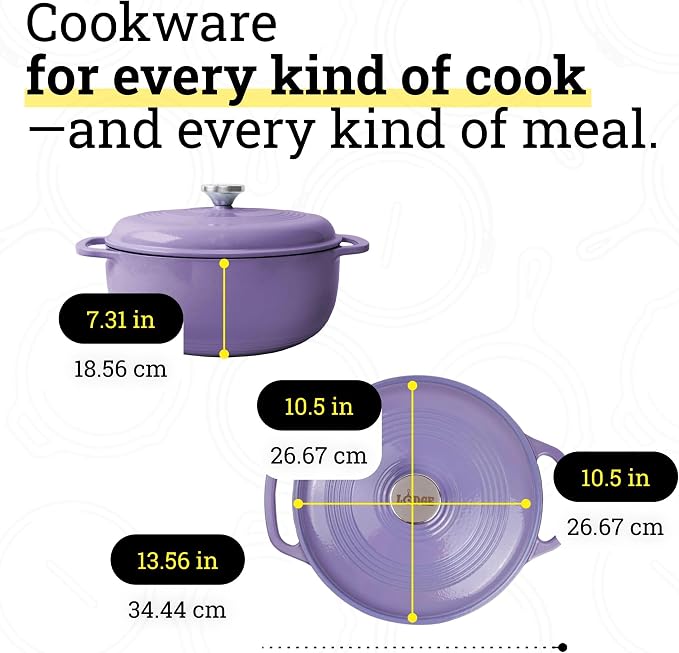 Lodge Essential Enamel Cast Iron Dutch Oven 6 Quarts - Perfect for Bread Baking, Braising, Marinating & Slow Cooking, Features Moisture-Sealing Lid & Dual Handles, Kitchen Essentials, Lilac