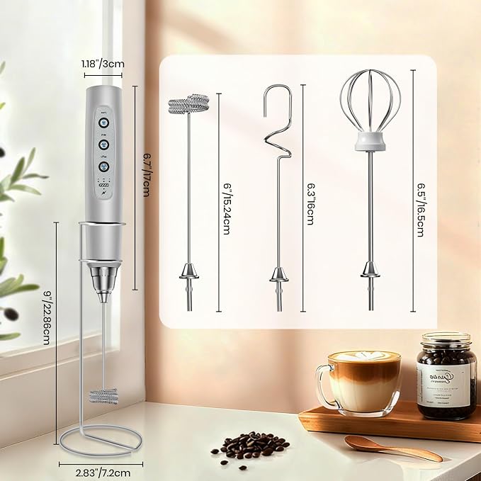 Colarlemo Milk Frother Handheld Rechargeable with Stand, Frother Wand Drink Mixer Electric Whisk for Coffee, Detachable With 3 Stainless Whisks, Hand Mixer for Lattes, Cappuccino, Matcha, Egg, Silver