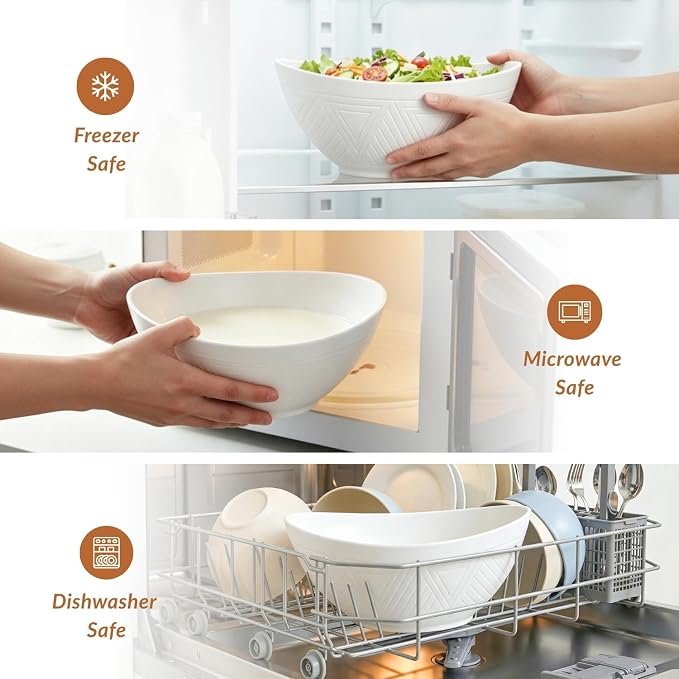 Wheat Straw Bowls, Large Salad Bowls Set of 6, 60 OZ Large Capacity Serving Bowl for Kitchen, Picnic, Camping,Lightweight Unbreakable Microwave and Dishwasher Safe Big Bowl - White