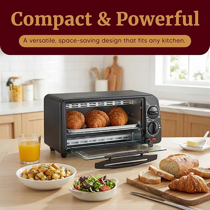Elite Gourmet ETO236 Compact 2-Slice Toaster Oven, 15-Min Timer, Black | Bake, Broil, Toast & Adjustable Temperature, Countertop Design - fits small kitchens, dorms and RVs