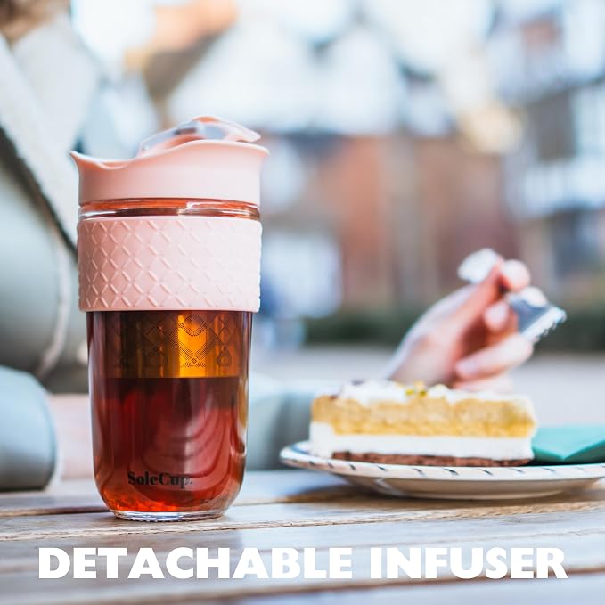 Large Travel Mug Loose Tea Infuser - Detachable Tea Strainer with Spill Proof Lid - 18oz/530ml BPA-Free Reusable Glass Travel Coffee Cup with Silicone Band (Pink, 18oz)