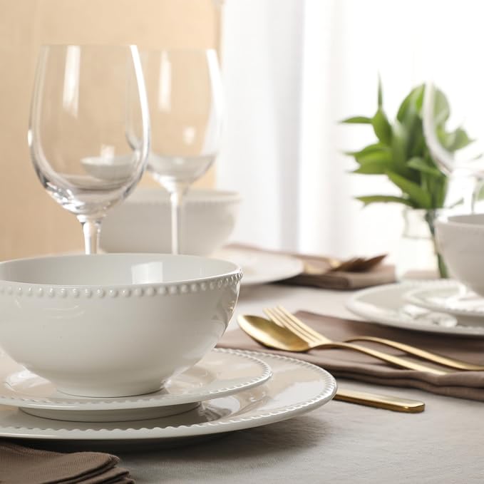 Gibson Home Caviara Plates and Bowls Set, 12-Piece Dinnerware Set, White Round Beaded Rim Ceramic Dish Set, Dinner Plates, Salad Plates & Cereal Bowls