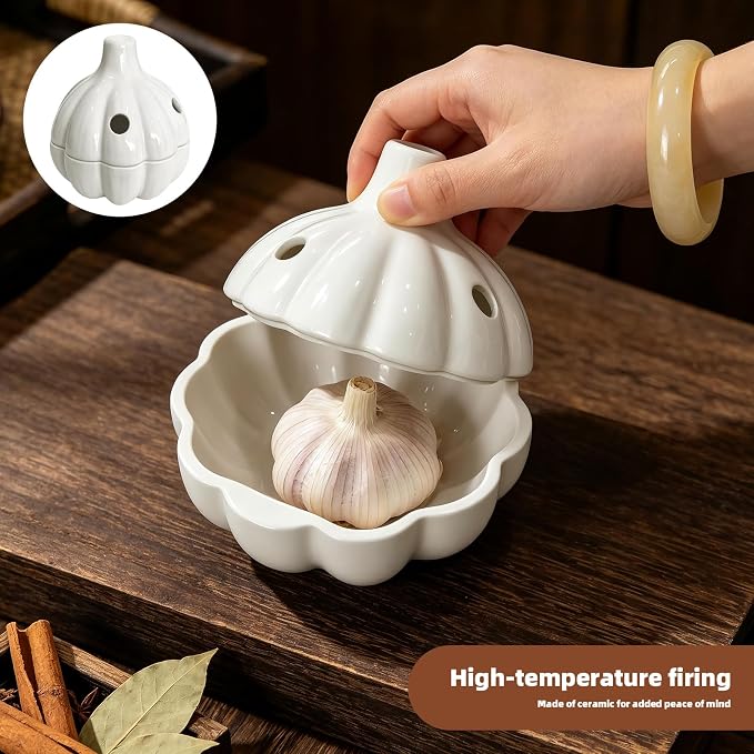 Ceramic Garlic Keeper with Vent Lid, White with Press and Peeler Clip | 4.92 by 5.04 inch holder with vent holes, novelty shape, keeps garlic fresh, fits kitchen countertop