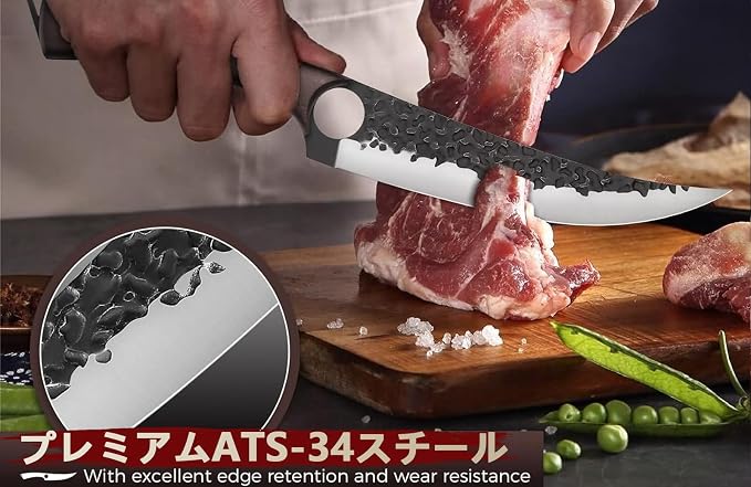 DRGSKL Serbian Chef Knife Set - 6 PCS Hand Forged Knife Set with Bag | Japanese ATS-34 Steel, Hand Forged Full Tang Knife, Ebony Handle, Anti-stick Pounding Texture, Full Accessory Kit, Ideal Gift