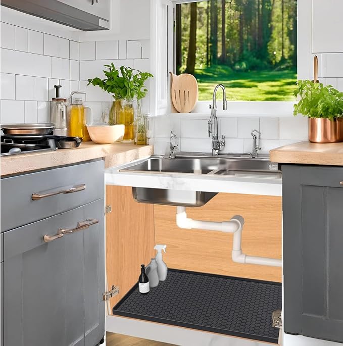 Under Sink Mat 22 x 22, Silicone Under Sink Liner for Kitchen Waterproof Bathroom Cabinet Mat, Black