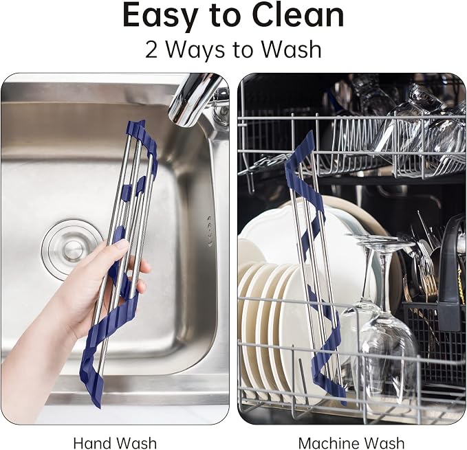 Tomorotec Triangle Roll-Up Dish Drying Rack for Sink Corner Small Foldable Stainless Steel Over The Sink Multipurpose Kitchen Drainer Caddy Organizer Storage Shelf Holder (Deep Blue) | BPA-Free Food-Grade Silicone Edges Foldable Waterproof Rustproof He...