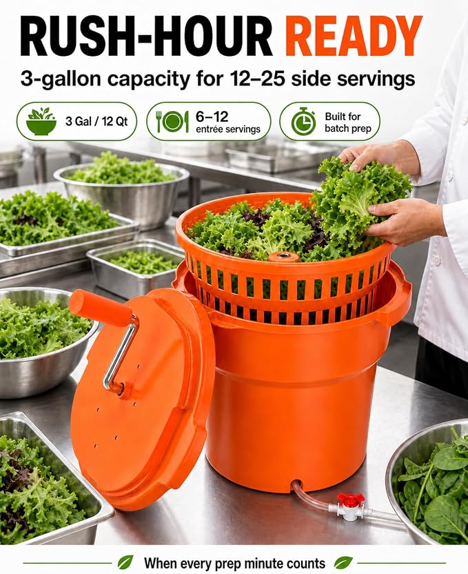 Commercial Salad Spinner - 3 Gallon Large Capacity Lettuce Dryer | 10 Ft Drain Hose & Stop Valve, 12Qt Manual Vegetable Spinner for Restaurants, Catering and Meal Prep
