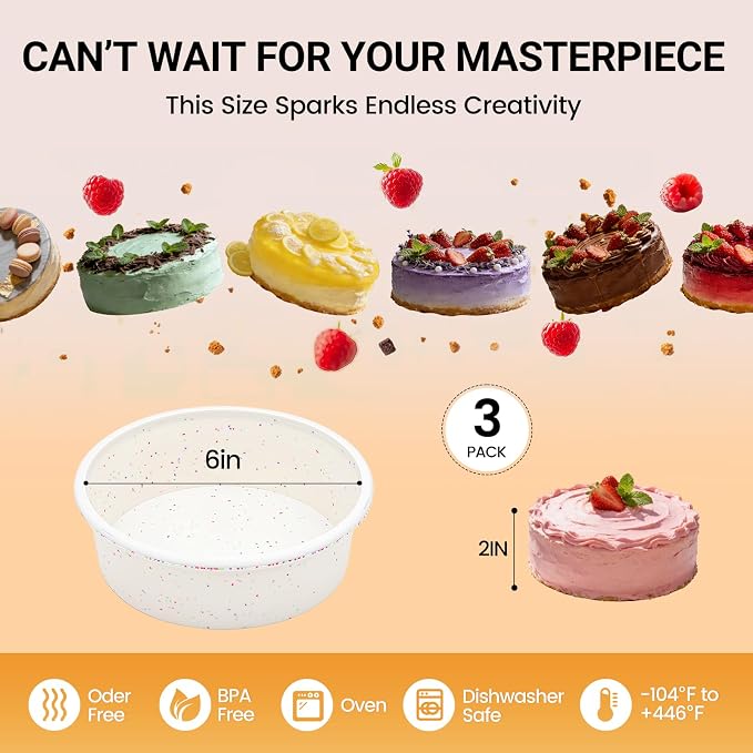 CAKETIME 6 Inch Silicone Round Cake Pan with Metal Reinforced Frame Set of 3, Non-stick & BPA Free, Even Heat Distribution, Stackable & Dishwasher Safe