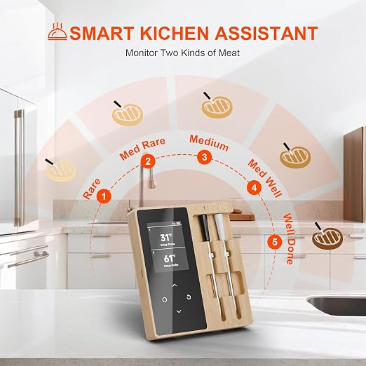 Wireless Smart Food & Meat Thermometer Digital with Dual Ceramic Probe | Standalone Display Base Real-time Monitoring ±0.5°F Accuracy,Heat-resistant,Bluetooth 3000FT Range iOS & Android APP Control