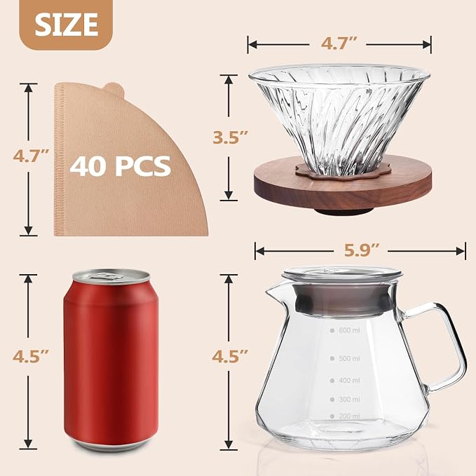 Pour Over Coffee Maker 20 OZ, 6 Cup Borosilicate Glass Drip Coffee Maker with 40 pcs V60 Paper Filter and Walnut Grip for Home Café 600 ML