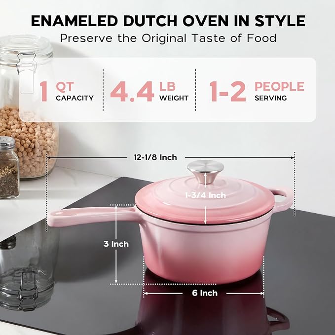 Onader 1QT Enameled Cast Iron Saucepan with Lid, Small Sauce Pan, Enamel Cast Iron Dutch Oven Cooking Kitchen Pot, Nonstick – Pink