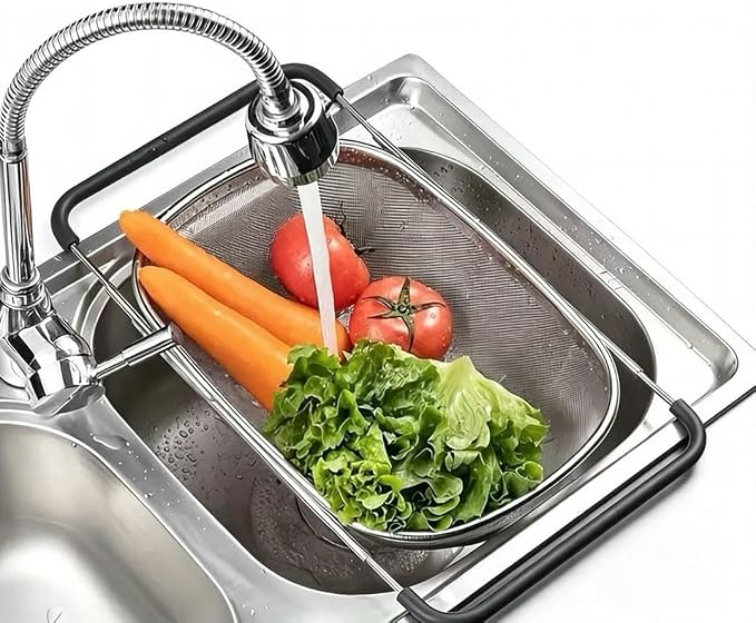 NikLye Stainless Steel Over the Sink Colander Basket with Expandable Handles, 6 Quart Fine Mesh Strainer for Pasta, Vegetables and Rice