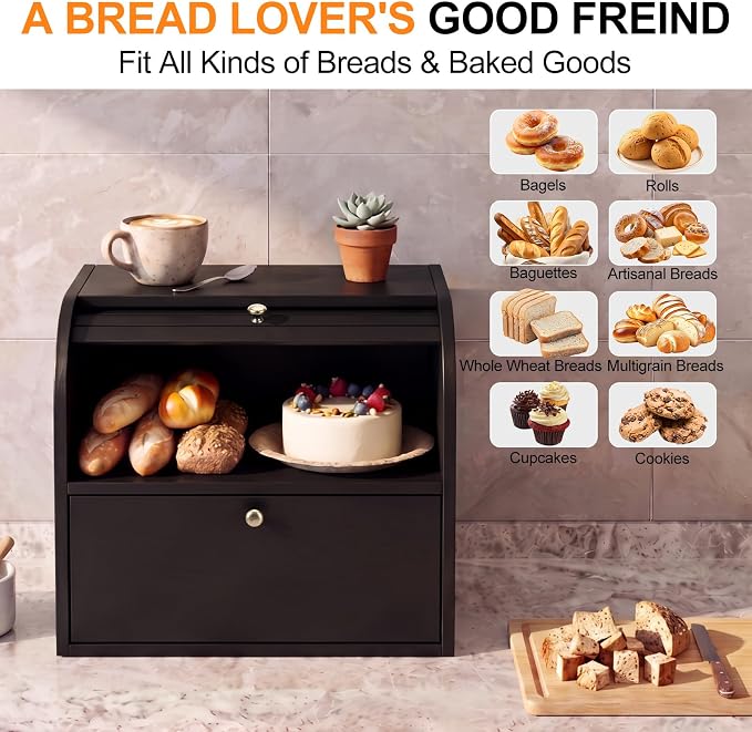 Alpeir Roll Top Bread Box with Cutting Board for Kitchen Countertop, Black | Large Breadbox with Ventilation Holes, Double Layer Pantry Shelf, Wooden Homemade Bread Storage Container, Vintage Farmhouse