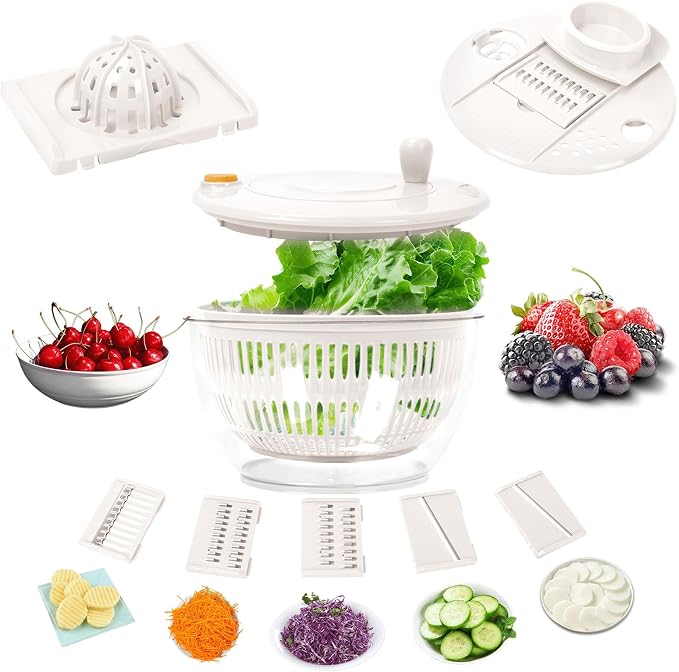 Salad Spinner Large, 5.3 QT 5 IN 1 Lettuce Spinner Dryer with 5 Blades Slicing and Pureeing Vegetables Wash Bowl Kitchen Gadgets for Efficient Salad Preparation Food Washing (White)