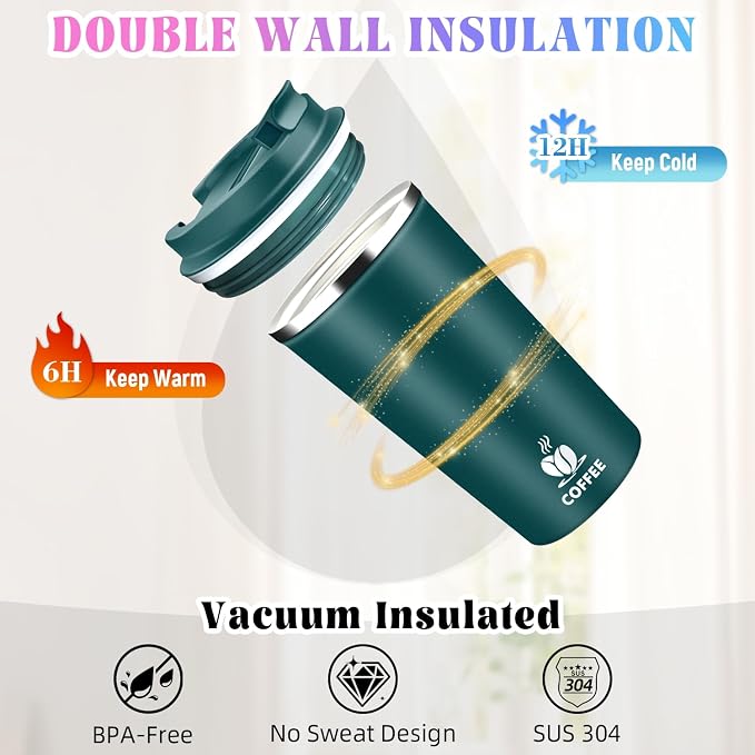 17oz Insulated Travel Coffee Mug with Flip Lid – Leakproof Stainless Steel Insulated Coffee Tumblers, Reuable Coffee Cup for Hot & Cold Drinks, Perfect for Camping & On-the-Go