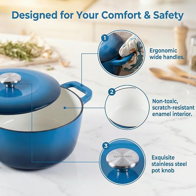 5QT Enameled Cast Iron Dutch Oven,Concave Self-Basting Lid,Blue | Versatile,heavy-duty Large Dutch oven,PFAS-free,oven safe to 500°F,sourdough,braising/stews/roasting,Housewarming Gift