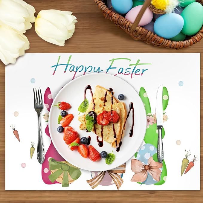 50 Pack Rabbits Colorful Eggs Happy Easter Placemat | s, Easter Theme Table Mats 16x11 inch Bunny Disposable Placement Mats for Seasonal Holiday Kitchen Dining Table Decoration