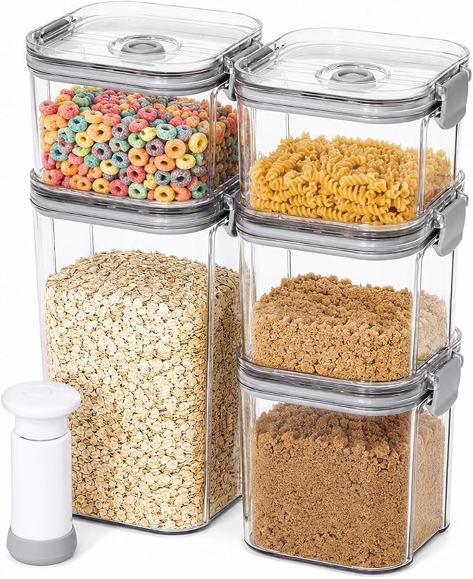 5-Piece Clear Vacuum Seal Canisters with Pump, Airtight Storage Containers for Cereal, Flour, Sugar & Pantry Organization (1.43 QT, 0.68 QT*2, 0.41 QT*2)