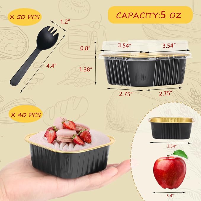 LNYZQUS 5oz Mini Cake Pans with Lids and Spoons, Disposable Brownie Tins | 40 Pack, Aluminum Foil, Square Cupcake Baking Cups, Individual Dessert Containers for Kids Party, Black