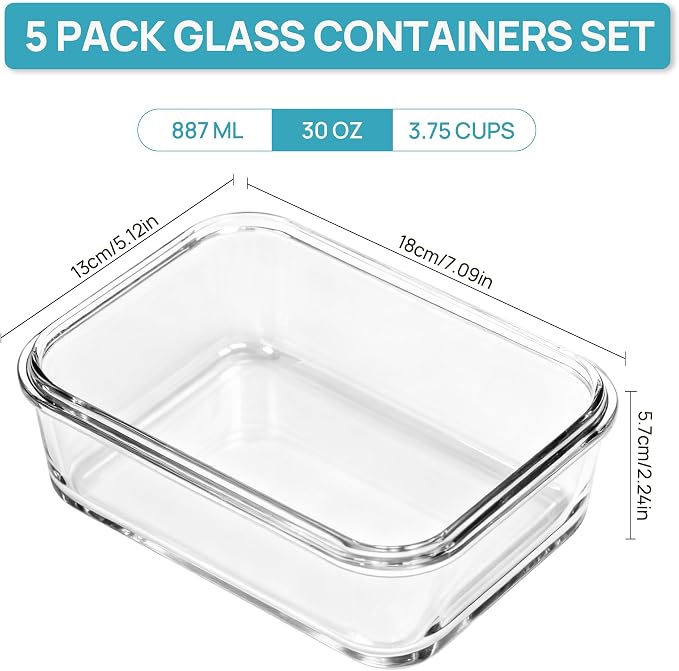 Vtopmart 5Pack 30oz Glass Meal Prep Container Sets with Lids, Grey | Glass Food Storage Containers, Snap Airtight Lid, For Microwave, Oven, Freezer and Dishwasher Safe, BPA Free