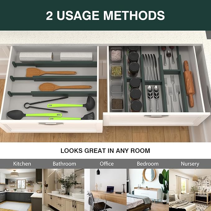 Expandable Bamboo Drawer Dividers Organizers, Drawer Separators Splitter,17-22 inches Long Adjustable Spring-loaded Organizer for Large Utensil, Clothes, Tools(Dark Green)