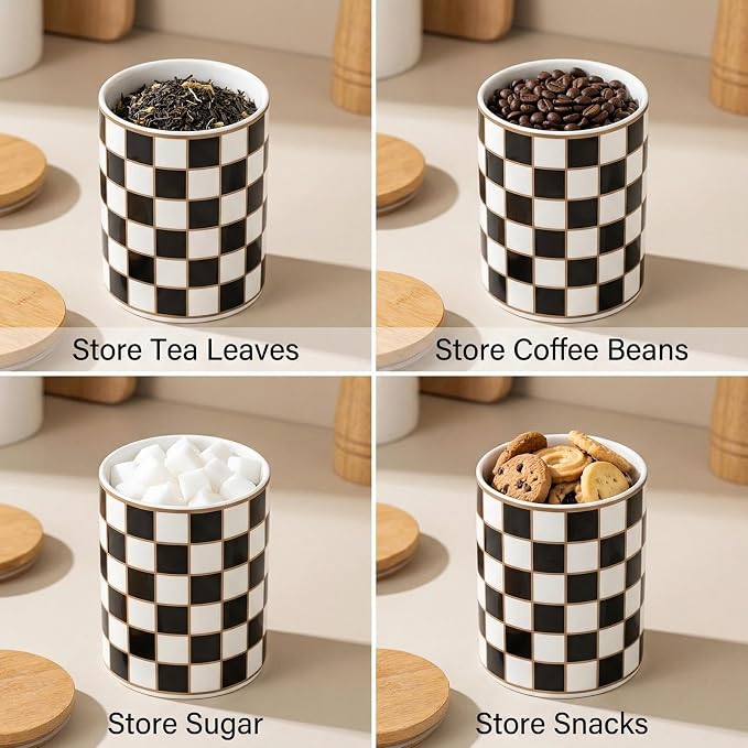 1 Piece Ceramic Coffee Canister, Airtight Coffee Container with Lid for Kitchen Storage (12.8x9cm, Black Checkered)