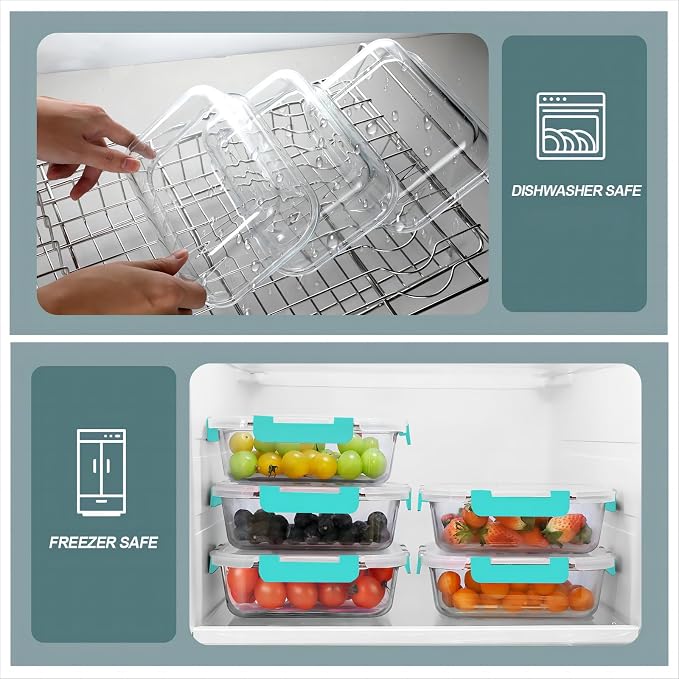 30 oz 5 Pack Glass Meal Prep Containers, Glass Storage Containers with Lids - Dishwahser, Microwave, Oven and Freezer Safe, Green
