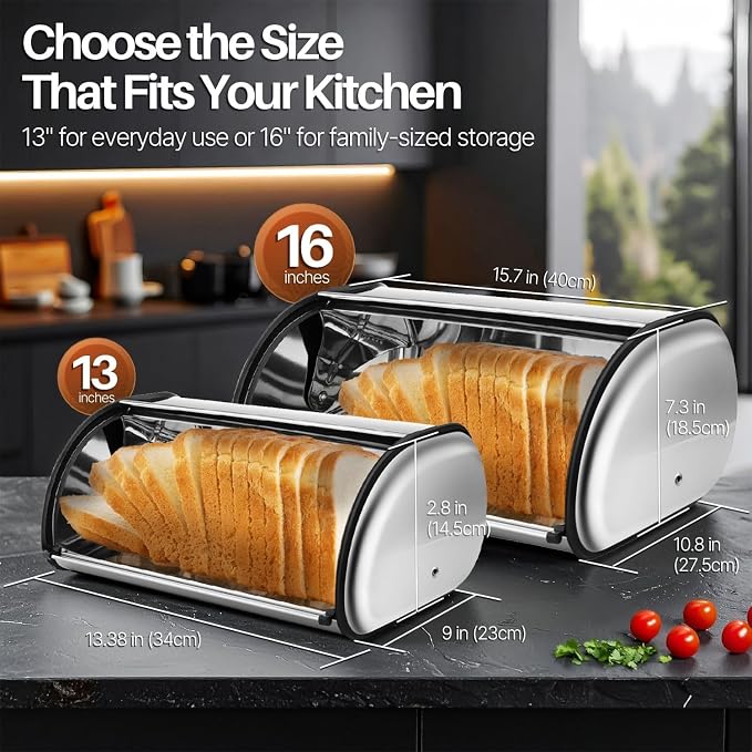Flexzion Stainless Steel Bread Box, 13-Inch Bread Bin for Countertop | Large Bread Storage Container for Loaves, Bagels, Pastries, and Snacks; 13.38 x 9 x 2.8 Inches