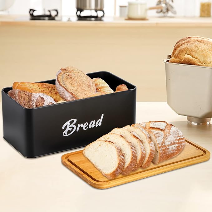 Lyellfe Farmhouse Metal Bread Box, Cutting Board Lid | Black Vintage Bread Storage Container Keeper Bin for Kitchen Countertop, Pantry, Freezer, Keep Fresh