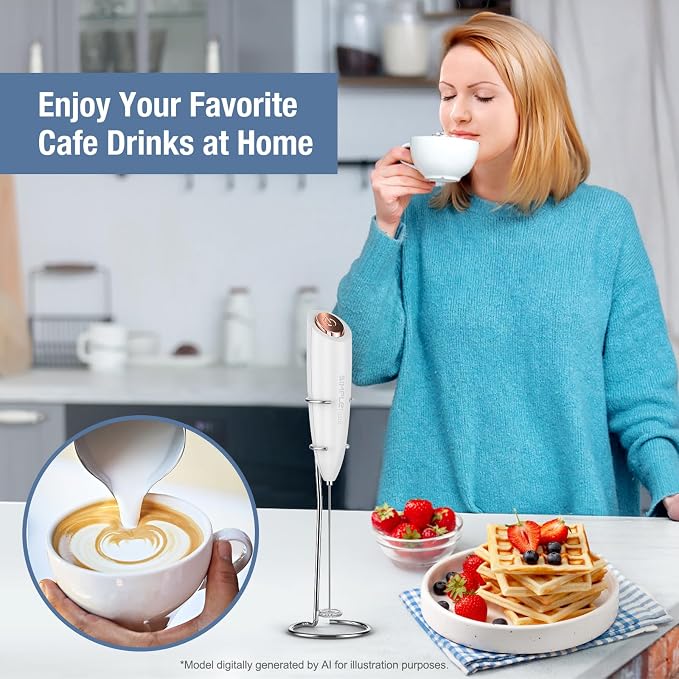 SIMPLETASTE Milk Frother Handheld Electric Foam Maker Battery Operated | Drink Mixer with Stainless Steel Whisk for Cappuccino, Bulletproof Coffee, Latte, White, with Stand
