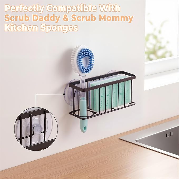 Vanwood Sponge Holder for Kitchen Sink with Strong Suction Cups/Adhesive Strips, Rustproof Compact Size Sink Caddy Organizer for Dish, Sponges, Scrapers, Stoppers (Black)