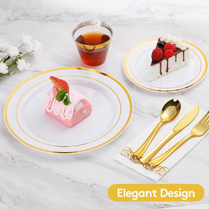 350 Pcs Gold Dinnerware Sets for 50 Guests, Disposable Plate Sets | for Party, Wedding, Include: 50 Gold Rim Dinner Plates, 50 Dessert Plates, 50 Paper Napkins, 50 Cups, 50 Gold Silverware Set