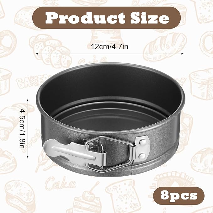 8 Pcs 4.7 Inch Springform Pan with Removable Bottom, Nonstick, Round Springform Cake Pan, Leakproof Mini Cheesecake Pans with Stainless Steel Spring Buckles for Baking Kitchens Restaurant (Black)
