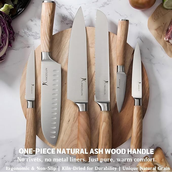 Kangdelun Ultra Sharp 14-Piece Kitchen Knife Set, High Carbon Stainless Steel Blades, Torrefied Natural Wood Handles, Ergonomic Design, Space-Saving Black-Finished Wood Block, Easy Hand Wash, Gift Box