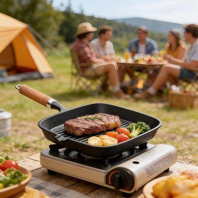 Cast Iron Grill Pan, 8.6" Griddle Pan Skillet with Pour Spout for Searing Steak