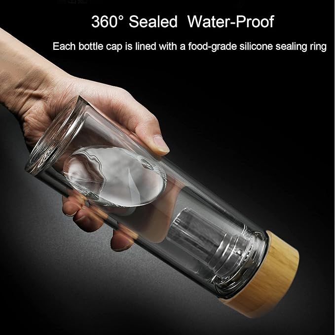 Tea Bottle, 14 oz, Borosilicate Glass, Double Wall, Infuser & Strainer, Bamboo Lid, 400ml