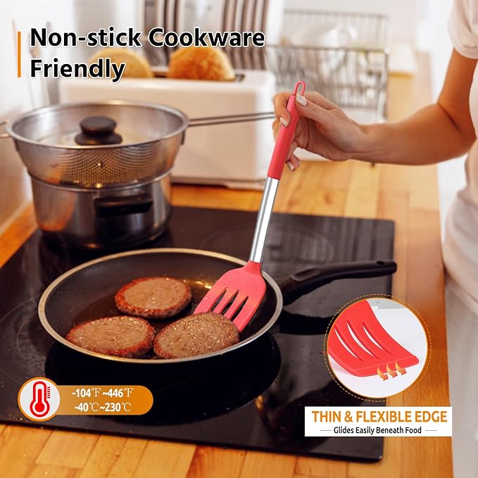 Cooking Utensils Set of 4, E-far Silicone Kitchen Utensils for Non-stick Cookware, Heat Resistant & Non-toxic Slotted Spatula Solid Spoon Turner for Flipping Mixing Serving Basting(Red)